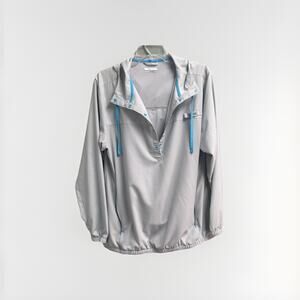 Columbia Hooded Snap Front Hooded Pullover Mens Large Gray Blue Lightweight Fish